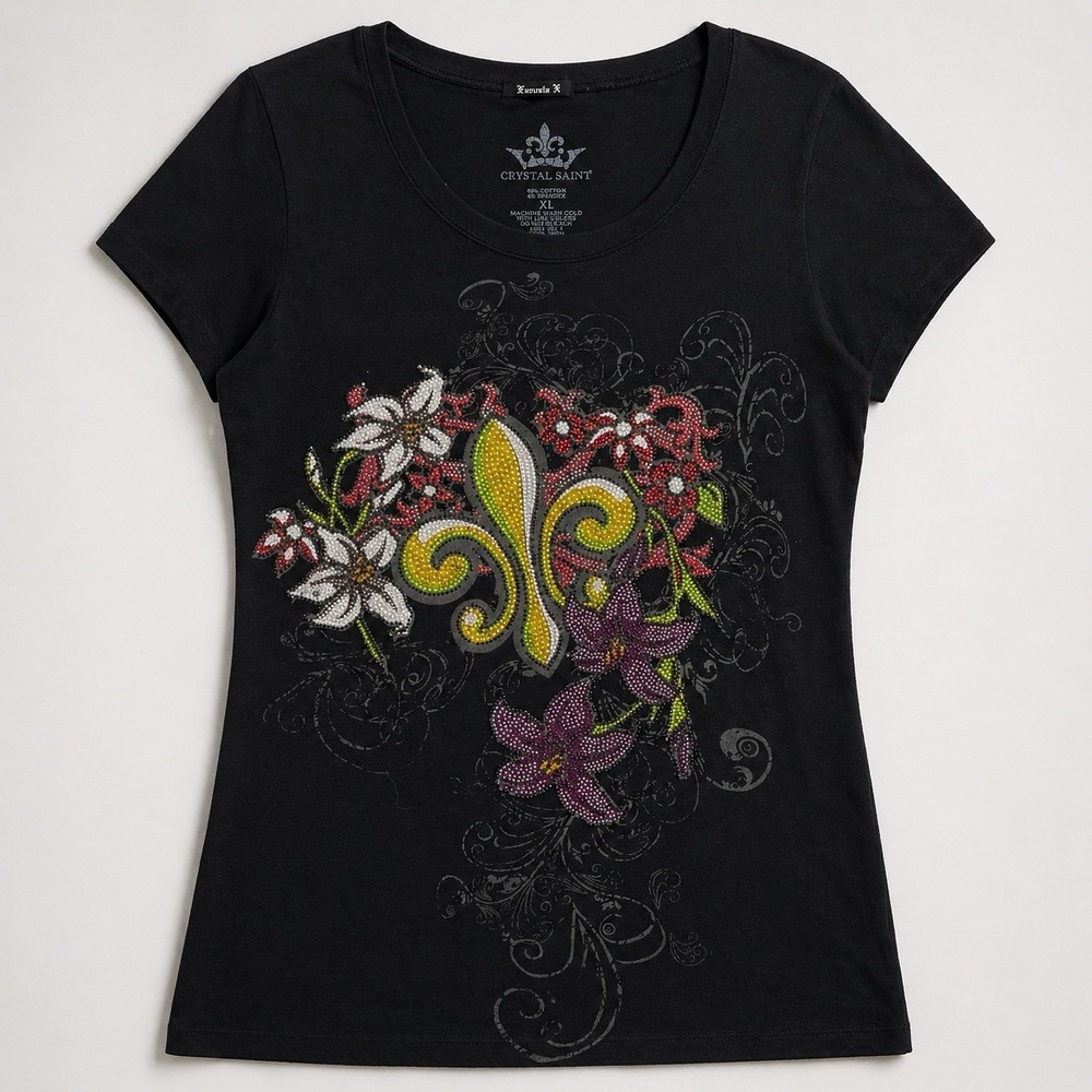Women Y2K Fleur De‎ Lis Graphic Tee XL Black Rhinestones Fairy Grunge Glam Edgy